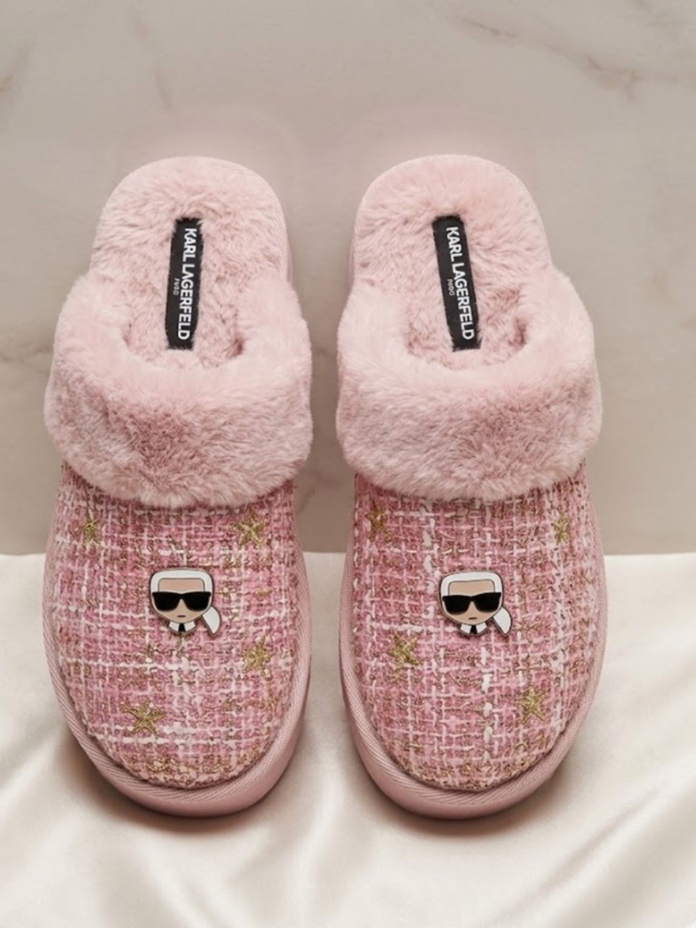 NEW Pink Karl Lagerfeld HessaTweed Slippers with Gold Stars Iconic Karl Patch 10